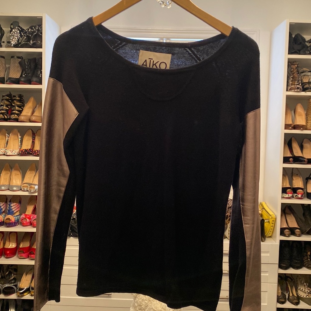 ATKO Black Sweater with Gold Leather Sleeves XS